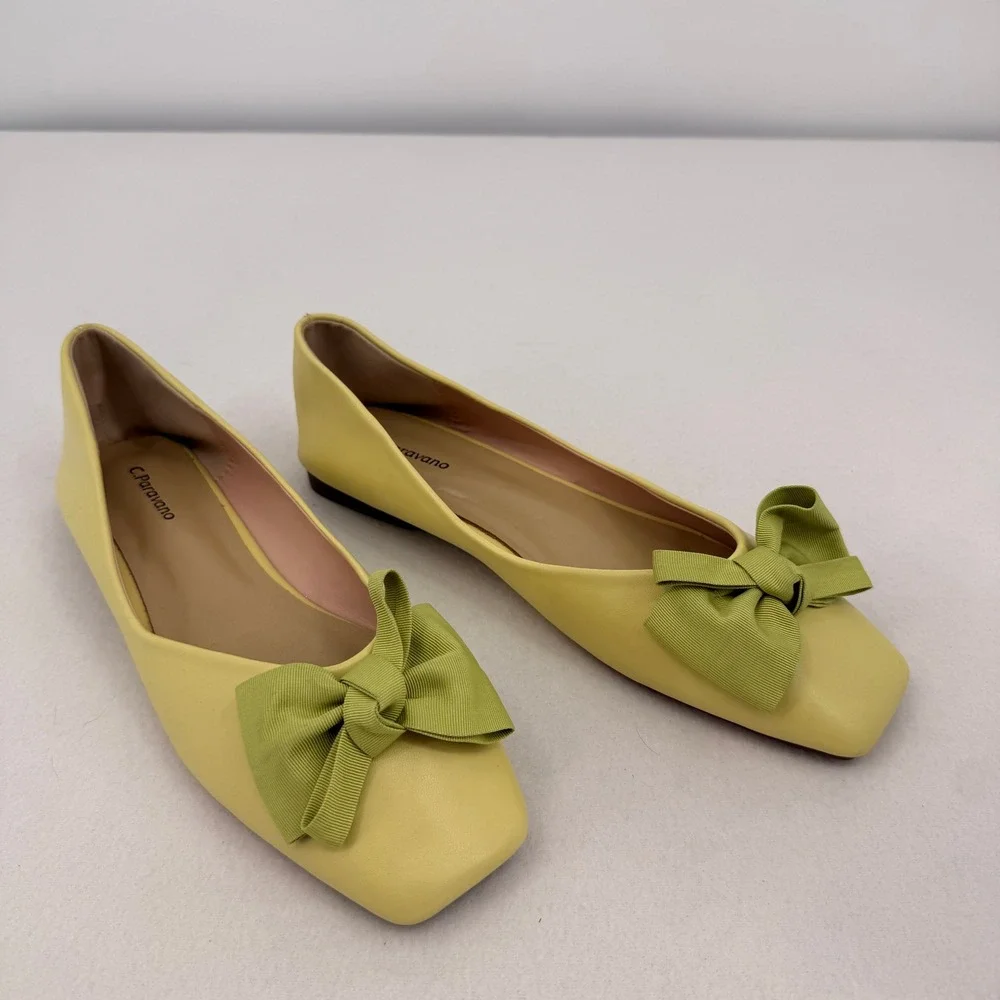 C.Paravano Women Pastel Yellow Square Toe Bow Ballet Flats Size 42 LimeGreen Bow